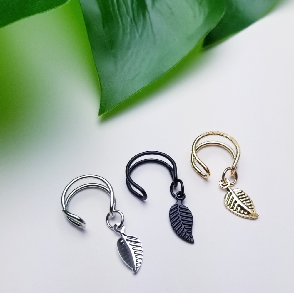 One Double Ear Cuff Leaf Feather Pendant Black - Picture 7 of 7